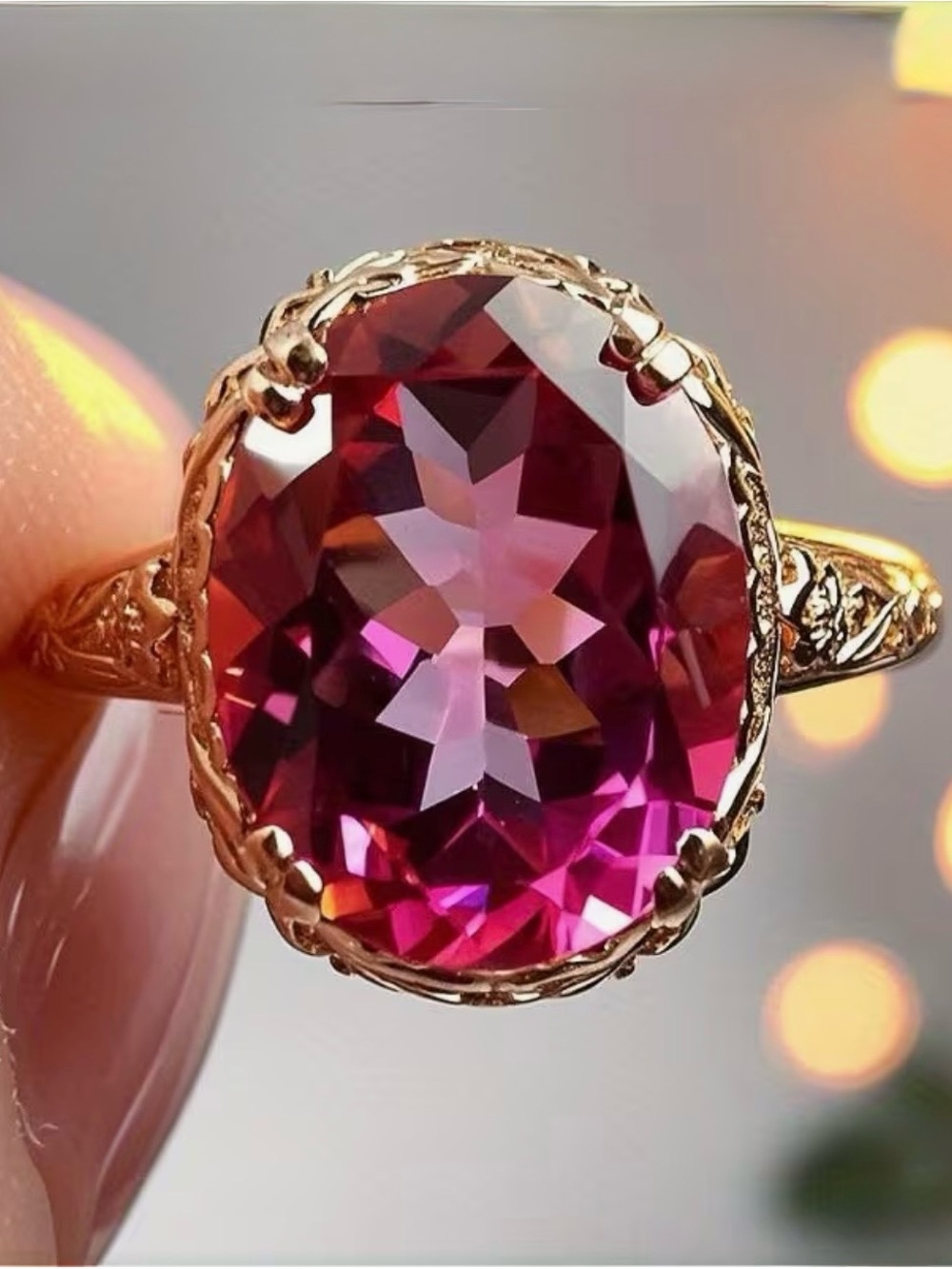 Vintage-Inspired Gold Ring with Deep Pink Faceted Stone. NWOT.
